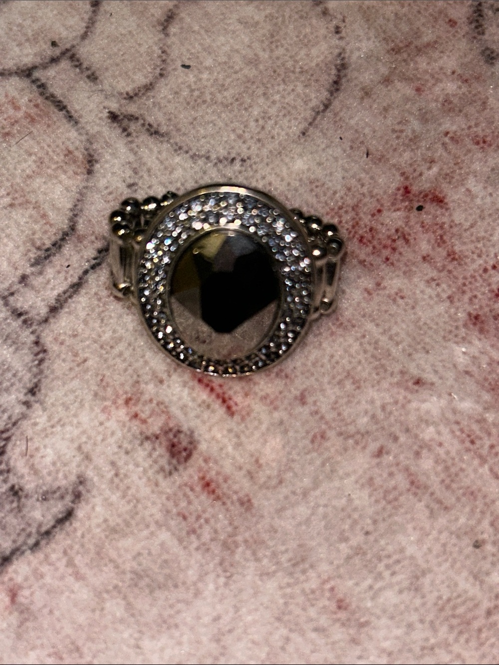 Silver-Tone Ring with Black Faceted Center and Sparkling Halo - Women's Jewelry
